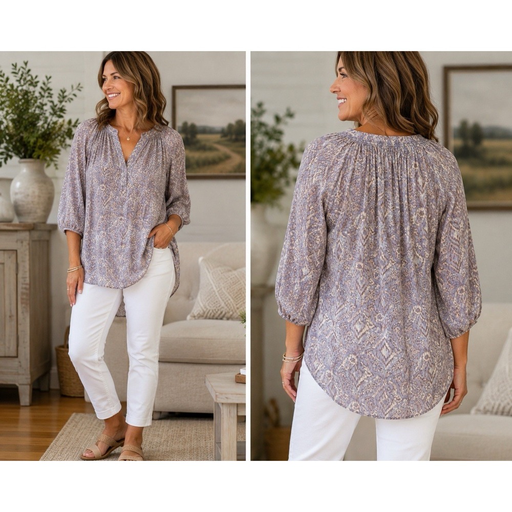 Max Studio 100% Silk Blouse Large Purple Gray Abstract Boho Split Neck High Low